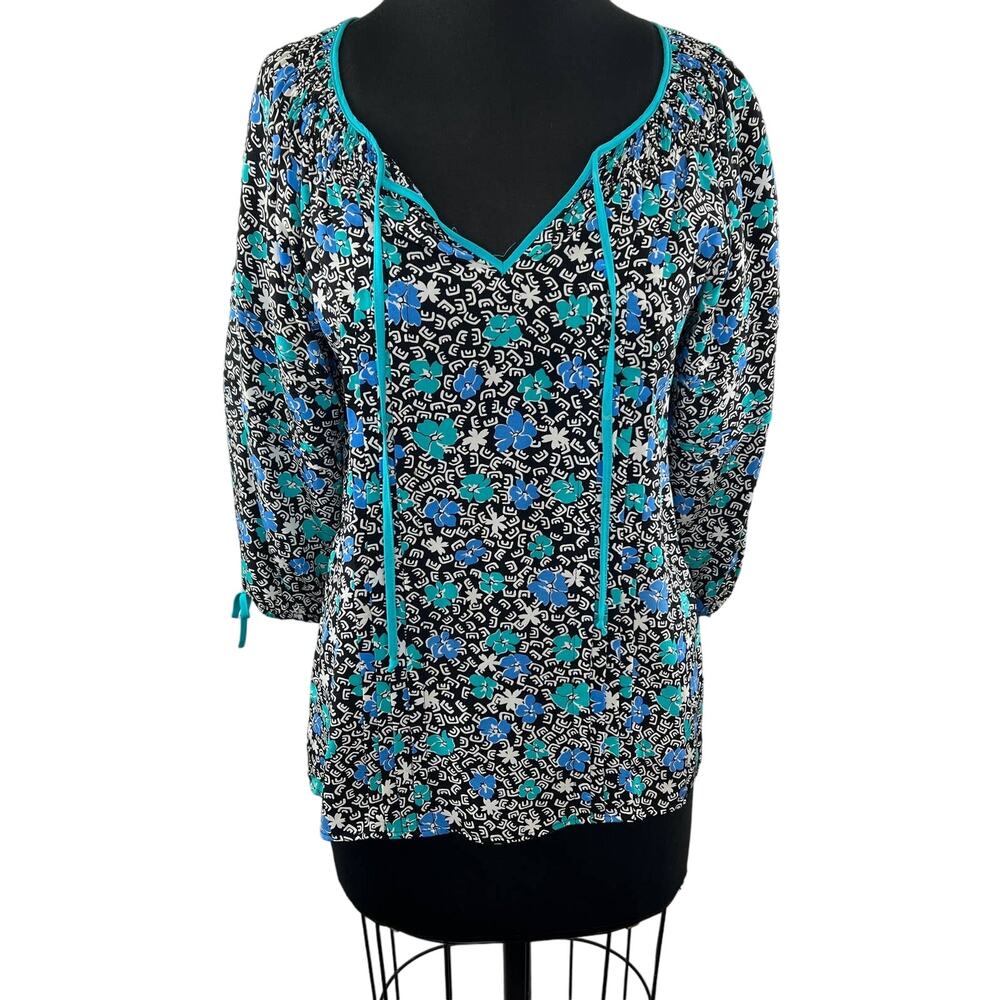 YUMI KIM Blue Black Floral Silk Tie V-Neck Pintuck 3/4 Sleeve Tie Cuff Blouse S